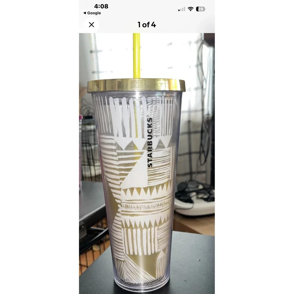 Starbucks 2014 Gold Geometric Tribal Cold Cup Tumbler Venti 24oz‎ Clear dome lid